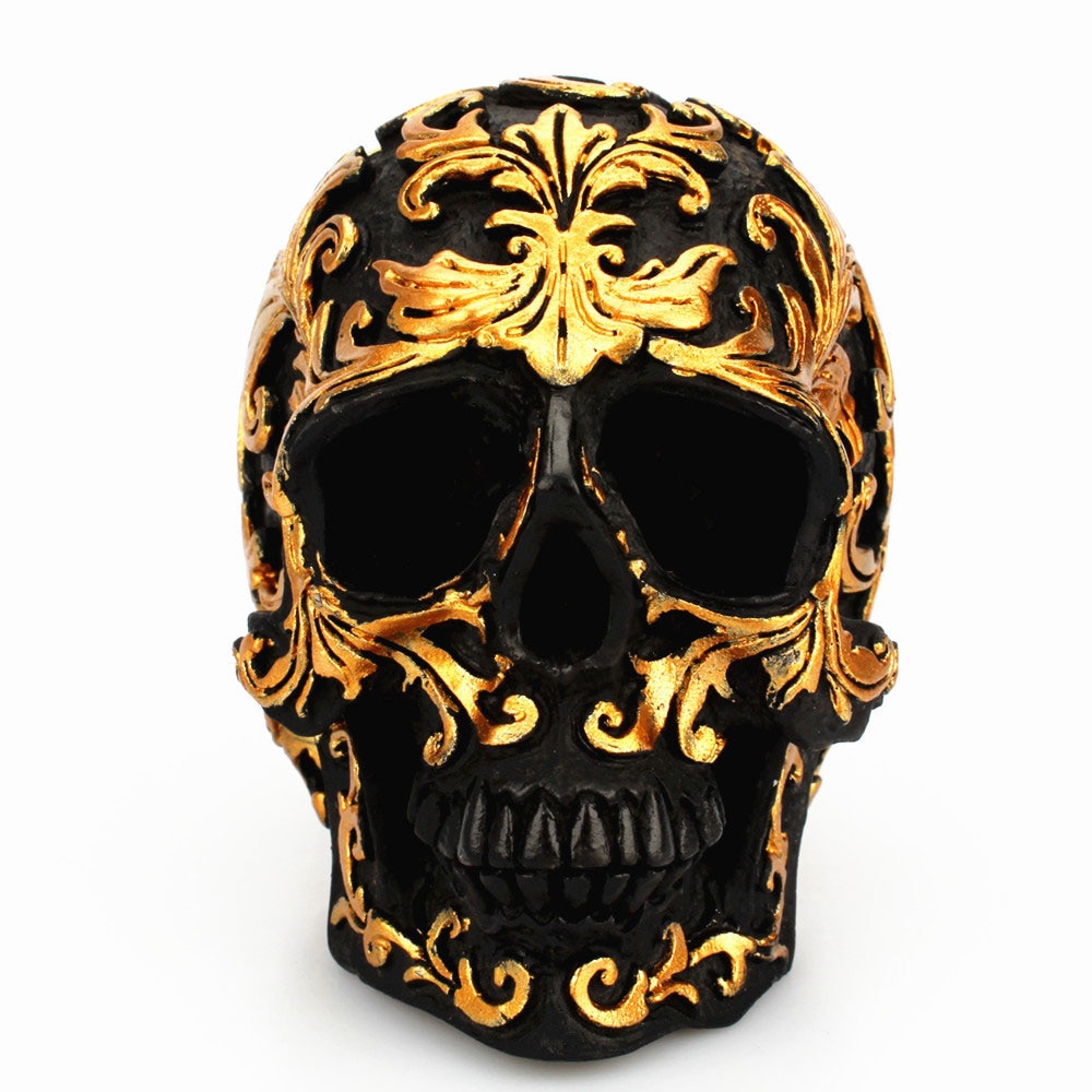 Hars Ambacht Black Skull Head Golden Carving Halloween Party Decoratie Schedel Sculptuur Ornamenten Home Decoratie Accessorie