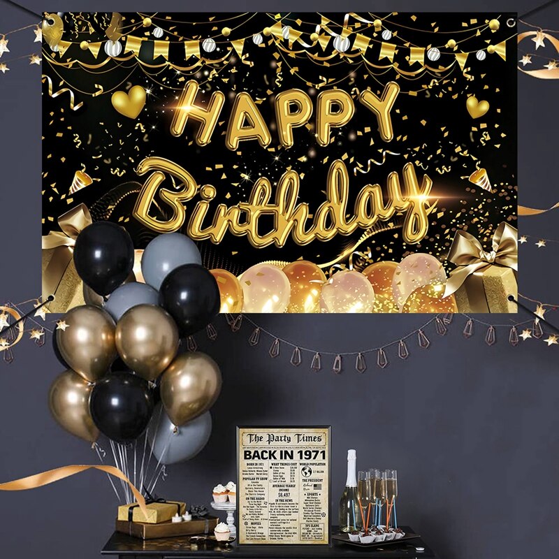 Happy Birthday Backdrop Banner Large Black Gold Balloon Star Poster Booth Backdrop Birthday photo Background Wall Party Decor