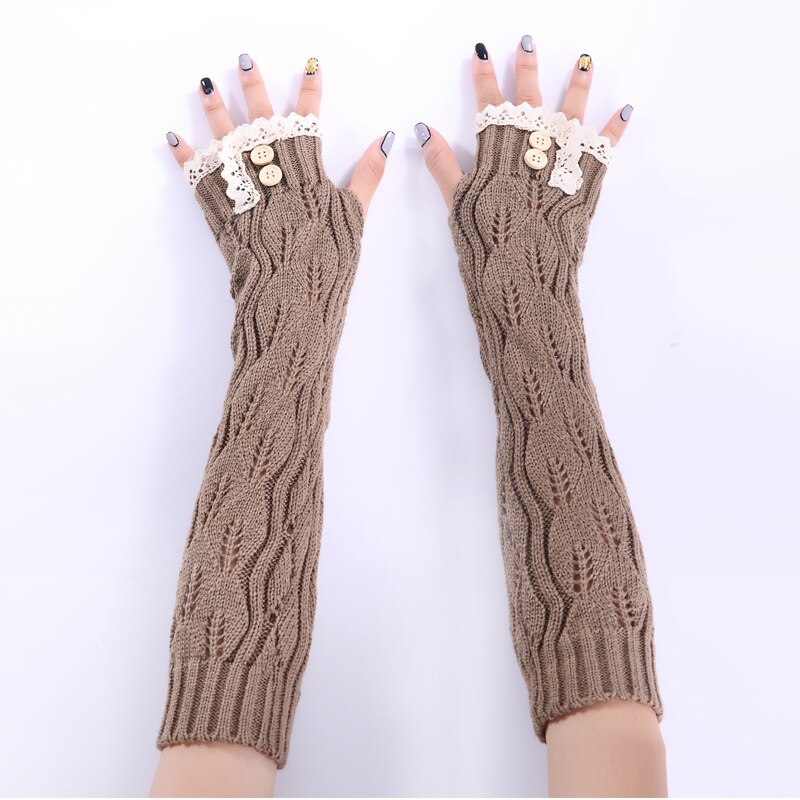 Herfst Winter Mode Handschoen Jaar Kant Knop Gebreide Garen Warm Houden Vingerloze Half Vinger Lady Vrouwen Arm Lange handschoenen: khaki