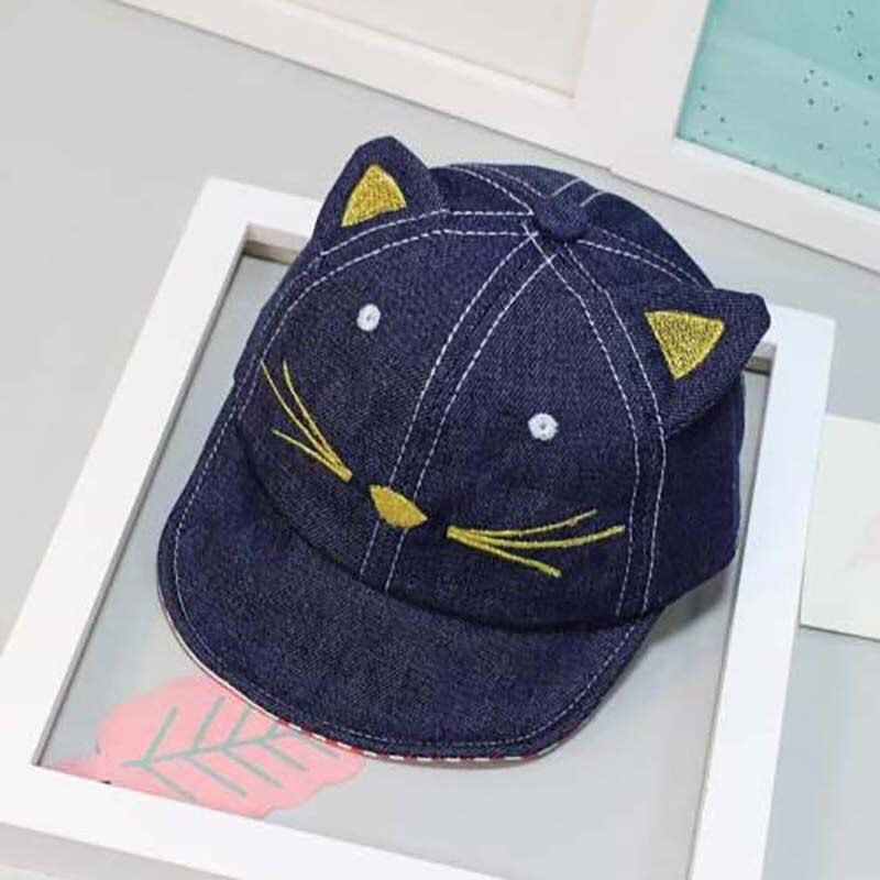 Denim Cotton Baby Cap Ears Beard Cartoon Cat Baseball Cap Summer Autumn Embroidery Cowboy Kids Boys Girls Sun Hat: navy blue