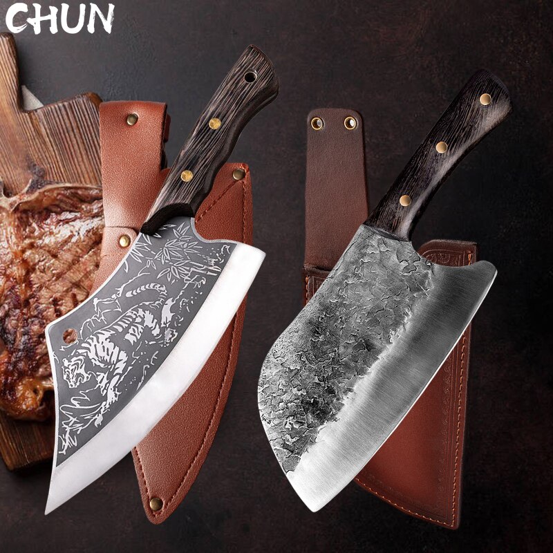 Chopping Knife Stainless Steel Full Tang Blade Wood Handle Sheath Cutting Slauughtering Meat Fish Boning Accessories Tools