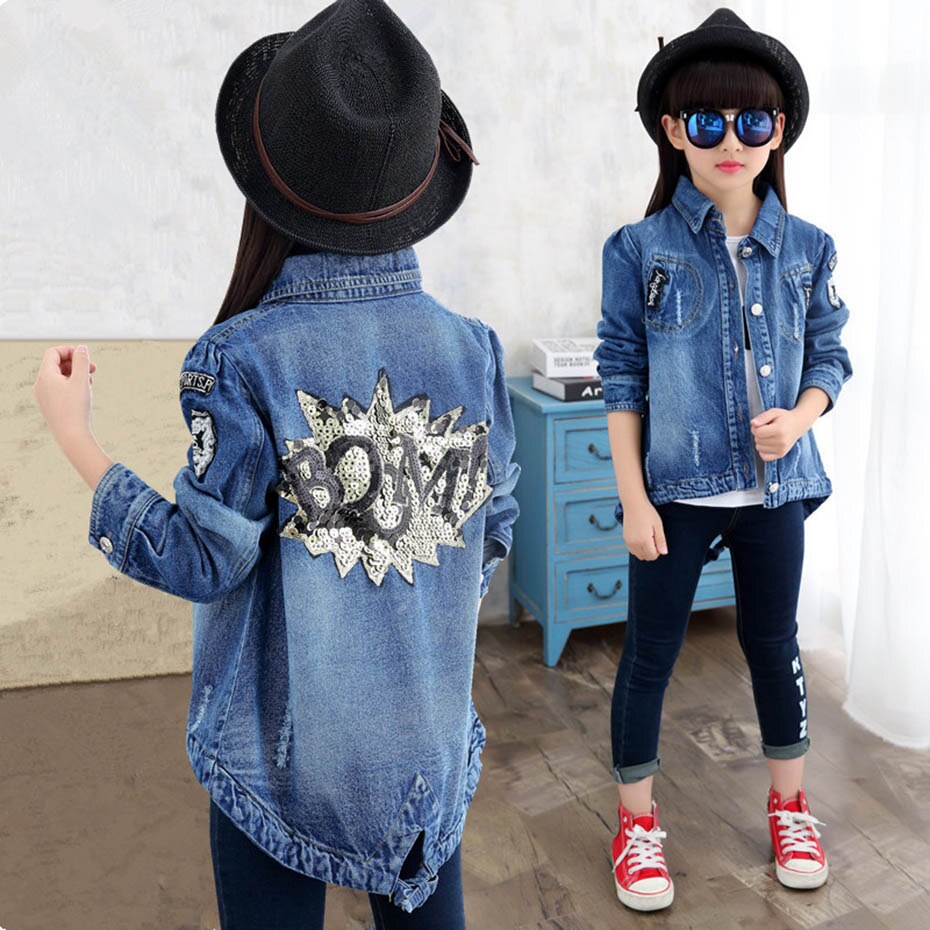 Teenage Girls Long Denim Jacket Sequin Girls Coats Outerwear Letter Children's Jacket Casual Style Clothes Girl