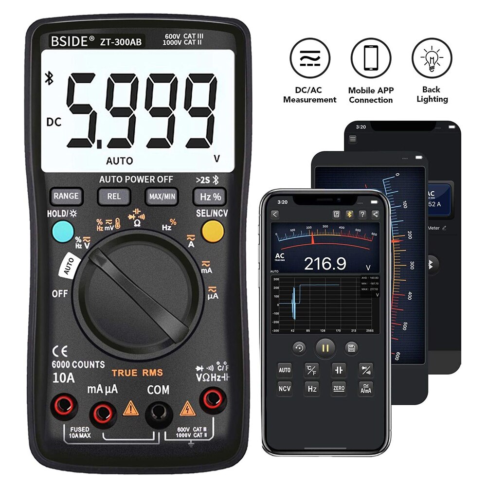 Auto Ranging 6000 Counts DMM Capacitance Temperature ABS Digital Bluetooth Silica Gel Handheld Black Wireless Digital Multimeter