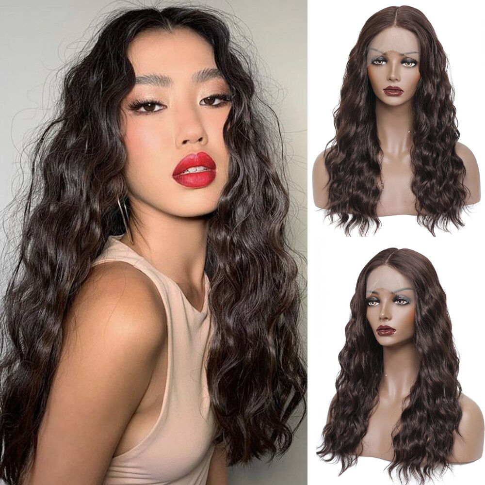 X-TRESS-pelucas sintéticas con malla frontal para mujeres negras, pelo largo de 20 pulgadas, marrón claro, onda Natural, parte media, peinados suaves: # 4