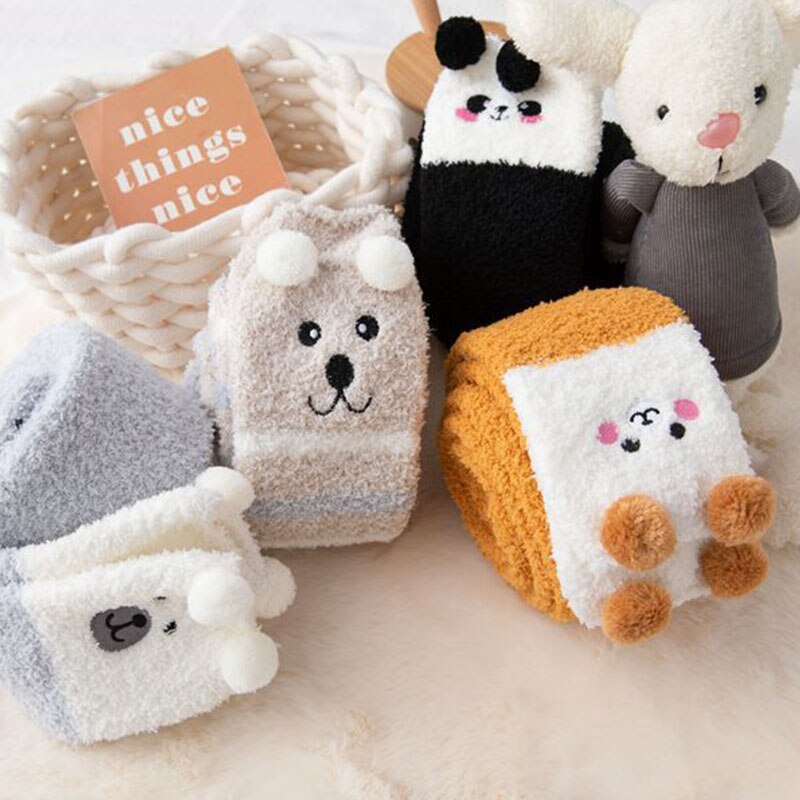 Winter Soft Coral Fleece Women Thigh High Socks Cute Cartoon Animals Panda Cat Bear Over Knee High Ladies Girls Long Socks Home