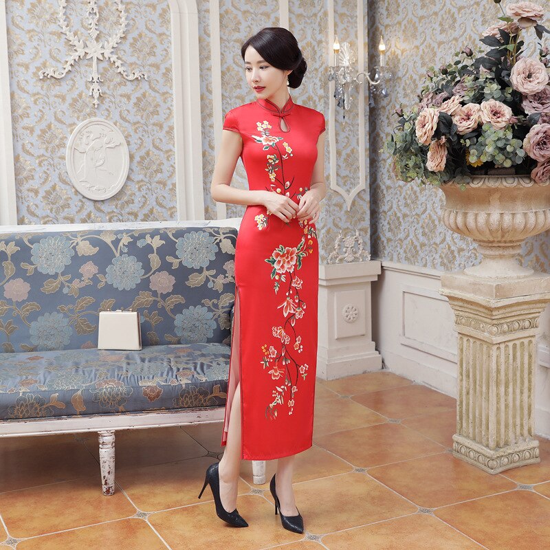 Spring Summer Cheongsam Long Satin Daily High Slit Cheongsam Performance Costume Performance Tang Suit Classic Modern Qipao