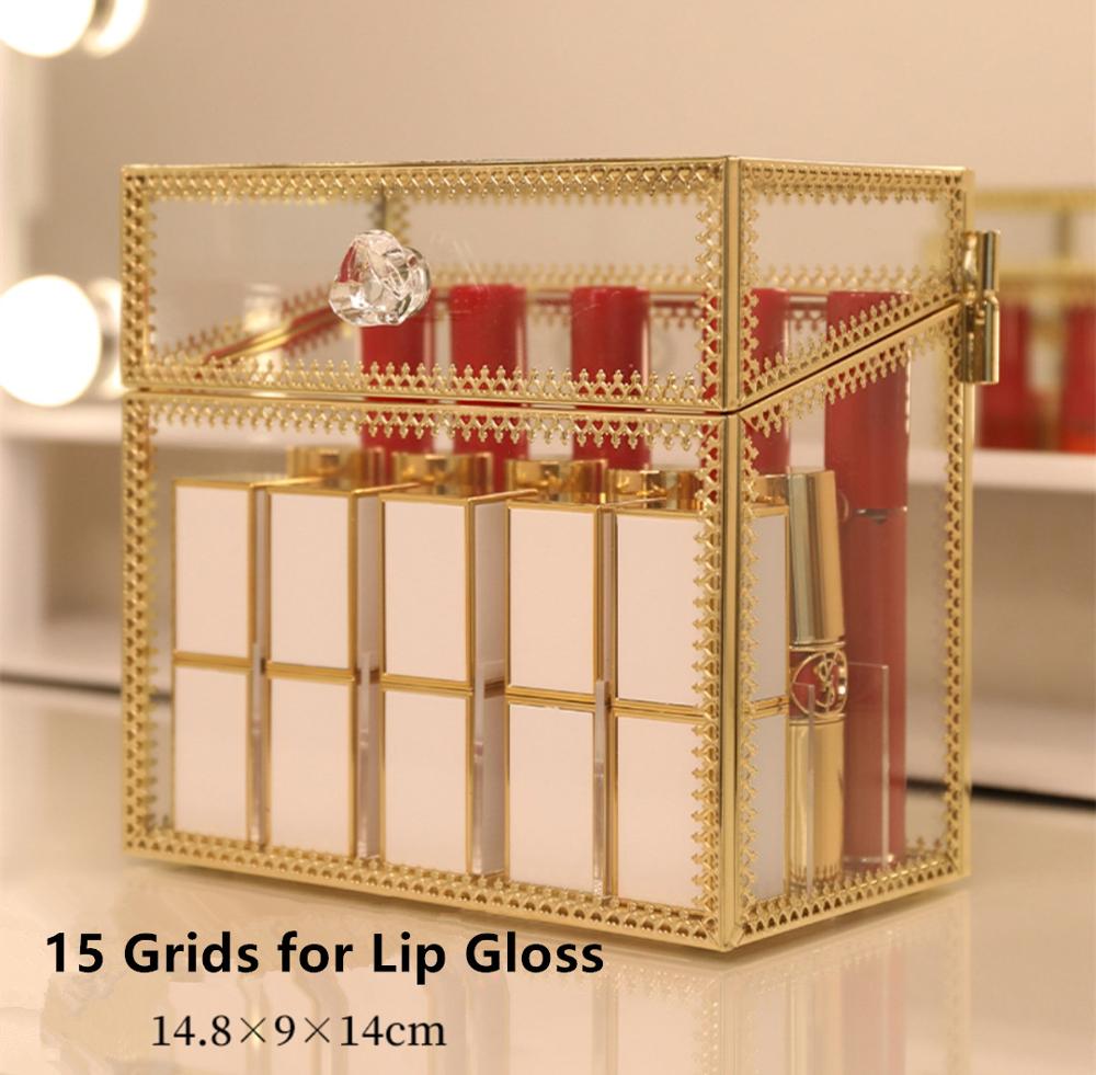 Retro kopparkant glas läppstiftslåda kosmetiska smycken förvaringslåda genomskinligt guld brons sminkorganisator badrumsställ: 15 rutnät högre