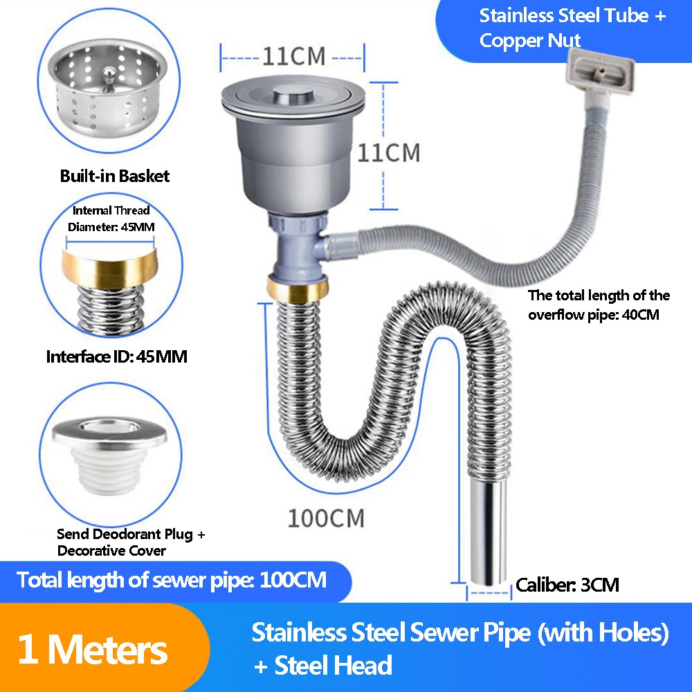 0.6M/0.8M/1M/1.3M Gootsteen Afvoer Slang Gootsteen Fittingen Afdruiprek Afvoer slang Rvs Vaatwasser Zwembad Enkele Tank: 1M-Hole H