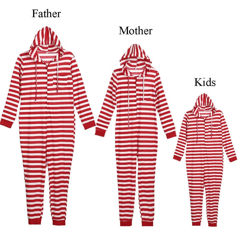 Stribet julefamilie matchende pyjamassæt afslappet far mor børn hættetrøje langærmet jumpsuit forældre barn nattøj jakkesæt jul