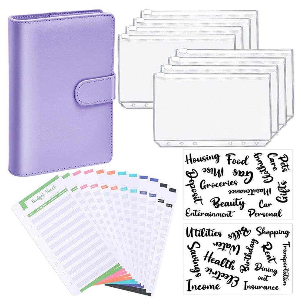 A6 Binder Zipper Bag Notebook Leather PU Loose-leaf Book Budget Handbook With Zipper Pocket Expense Budget Sheets Letter Sticker: Purple