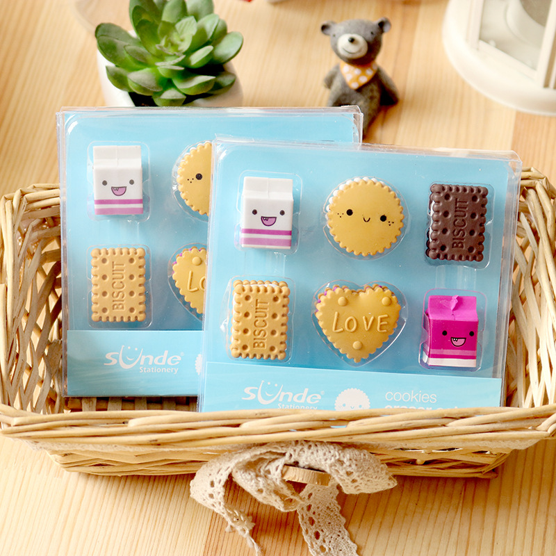 6pcs Milk Cookies Eraser Set Mini Love Biscuit Rubber Erasers for Pencil Child Kids Stationery Office School Student F389