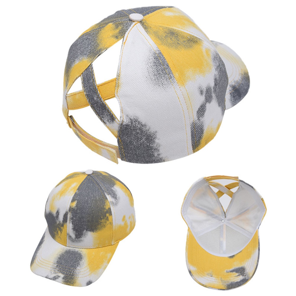 Women Summer Portable Cotton Blend Baseball Cap Outdoor Sports Casual Travel Tie Dye Adjustable Criss Cross Ponytail