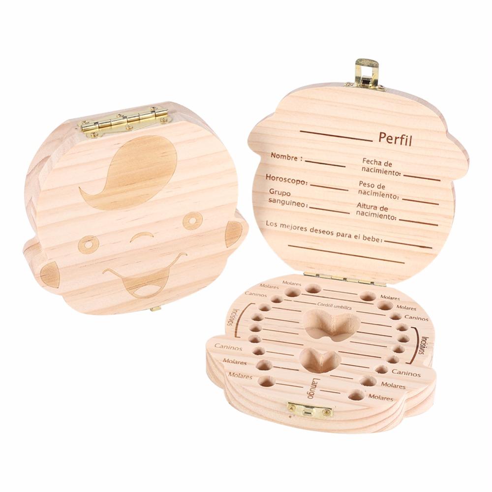 Wood Tooth Box 4 Patterns Baby Kids Tooth Box Storage Baby Milk Teeth Collect Organizer Spanish English French Russian Case