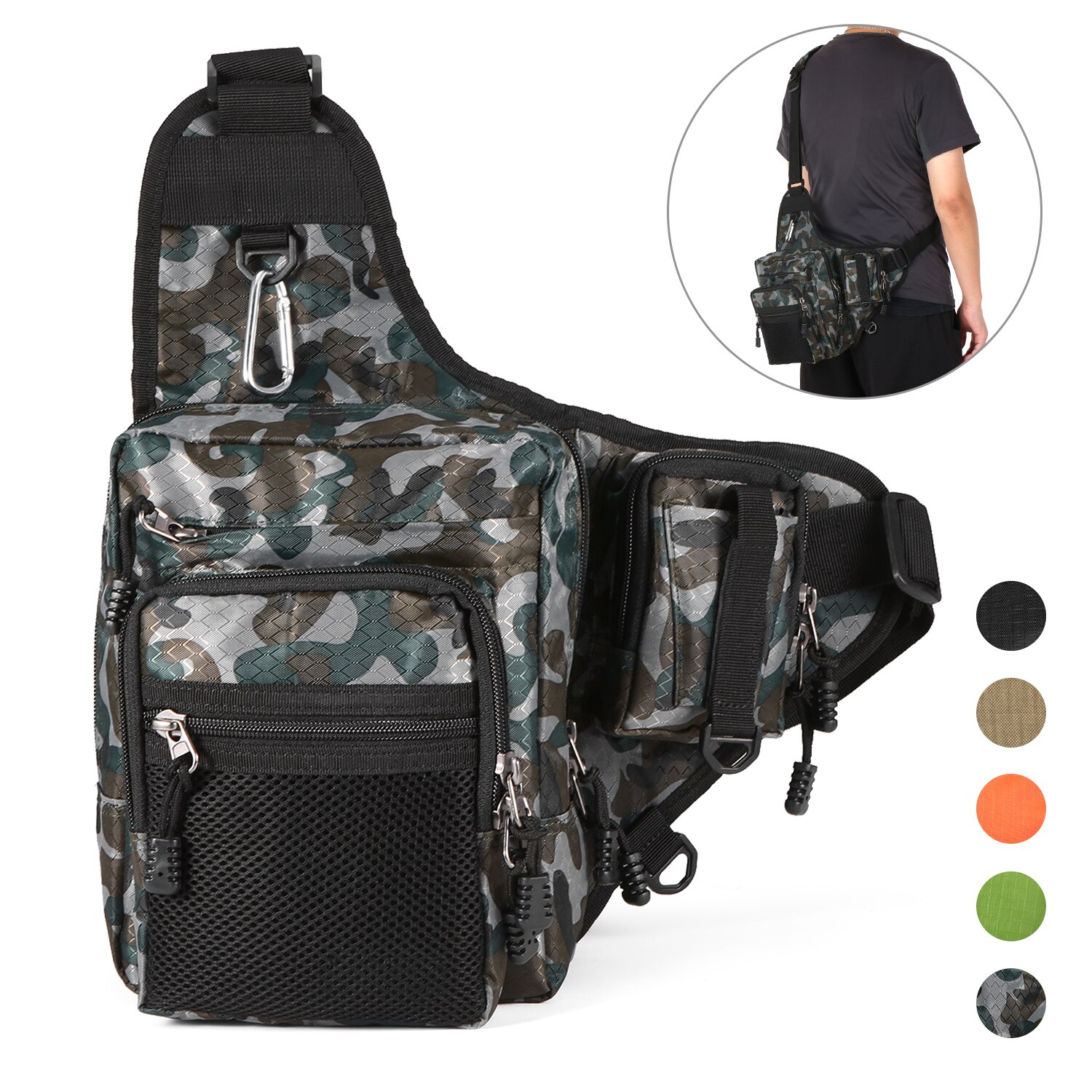 Ilure – sac de pêche étanche en toile, couverture de canne à pêche, grande capacité, moulinet, sac à dos pour leurres, boîte à bandoulière d&#39;extérieur: Camouflage