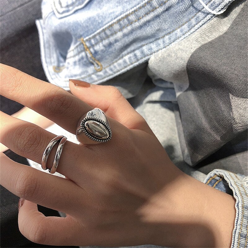 HUANZHI Personality Silver Color Double Layer Line Retro Opening Adjustable Ring for Women Party Jewelry