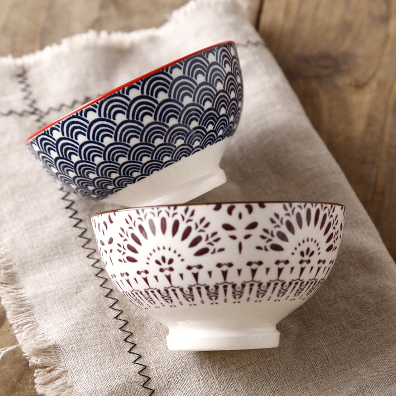 Nordic machine-printed under-glazed ceramic tableware Japanese 4.5-inch high-foot anti-scald soup bowl millet rice bowl