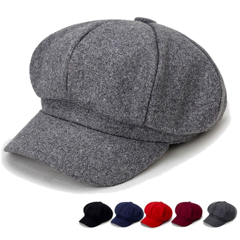 Gorro octogonal de lana para mujer Otoño Invierno , Boina de ala ancha, gorro informal cálido, Color sólido, elegantes sombreros de mujer