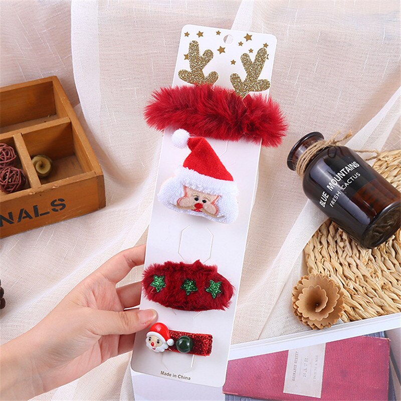 Bonito 4 peça conjunto bebê menina natal hairpin dos desenhos animados fecho decorativo elegante elk santa árvore de pelúcia crianças presente acessório do cabelo: 1