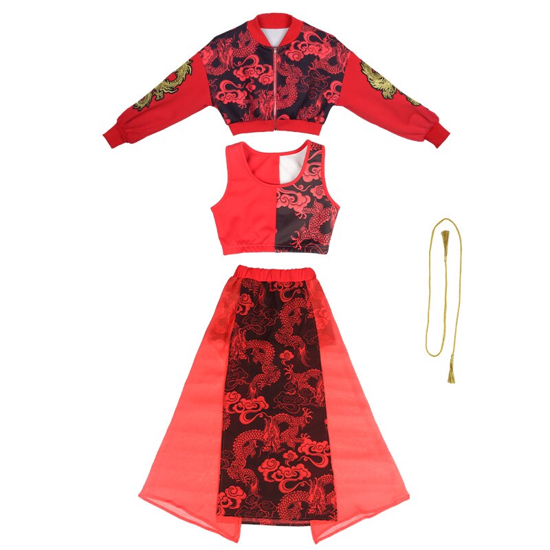 Traje de escenario para niños estilo chino Retro, trajes rojos de estilo Hip Hop para niñas, ropa para actuaciones de Jazz, pasarela, Festival, DNV14415
