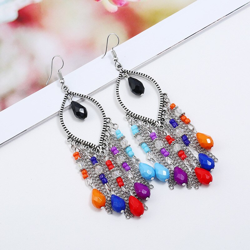 Boho Colorful Resin Beads Tassel Dangle Earrings for Women Long Bohemia Acrylic Earrings Jewelry Accessories: E1591-colorful