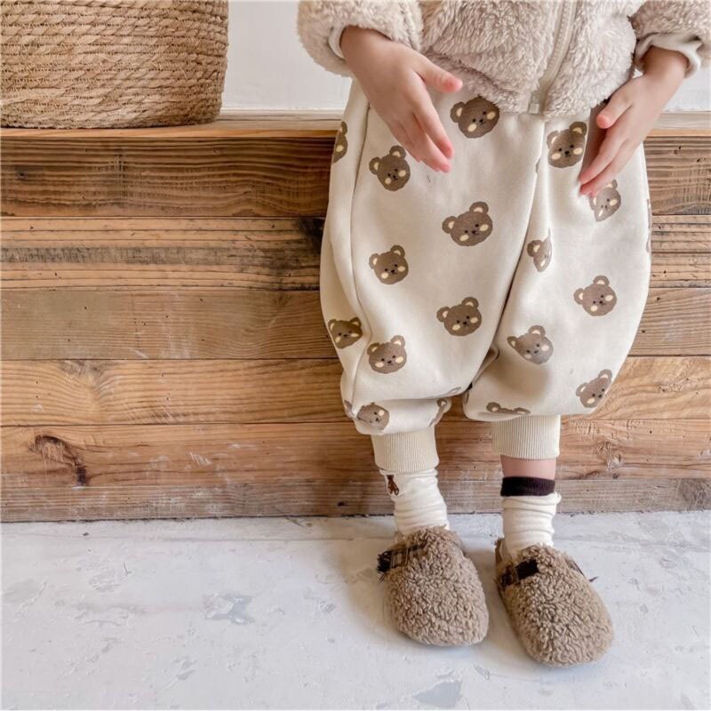 Winter Schattige Baby Beer Print Harembroek Fleece Warm Casual Broek Voor Jongens Baby Meisjes Losse Cartoon Broek kleding