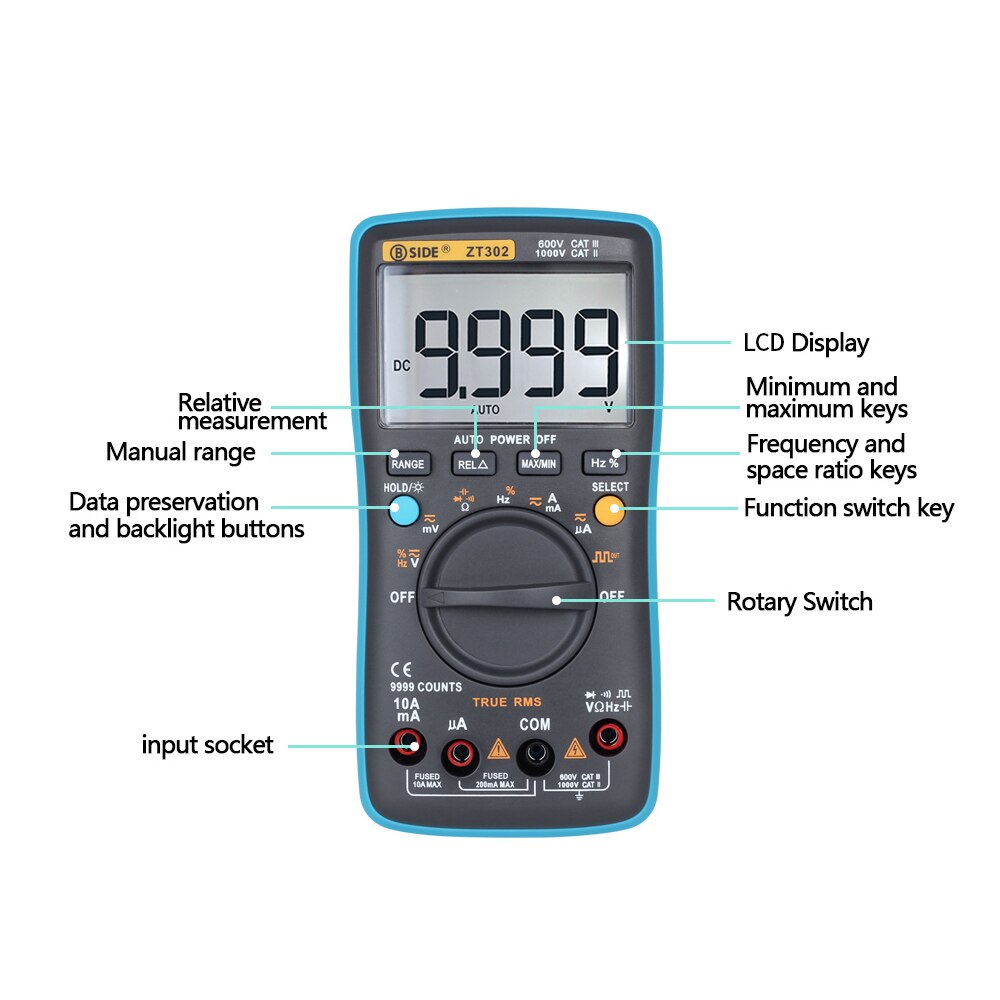 BSIDE Digitale Multimeter AC DC Spanning Stroom 9999 Telt ZT302 Draagbare Handheld Ampèremeter Ohm Capaciteit Tester Blokgolf