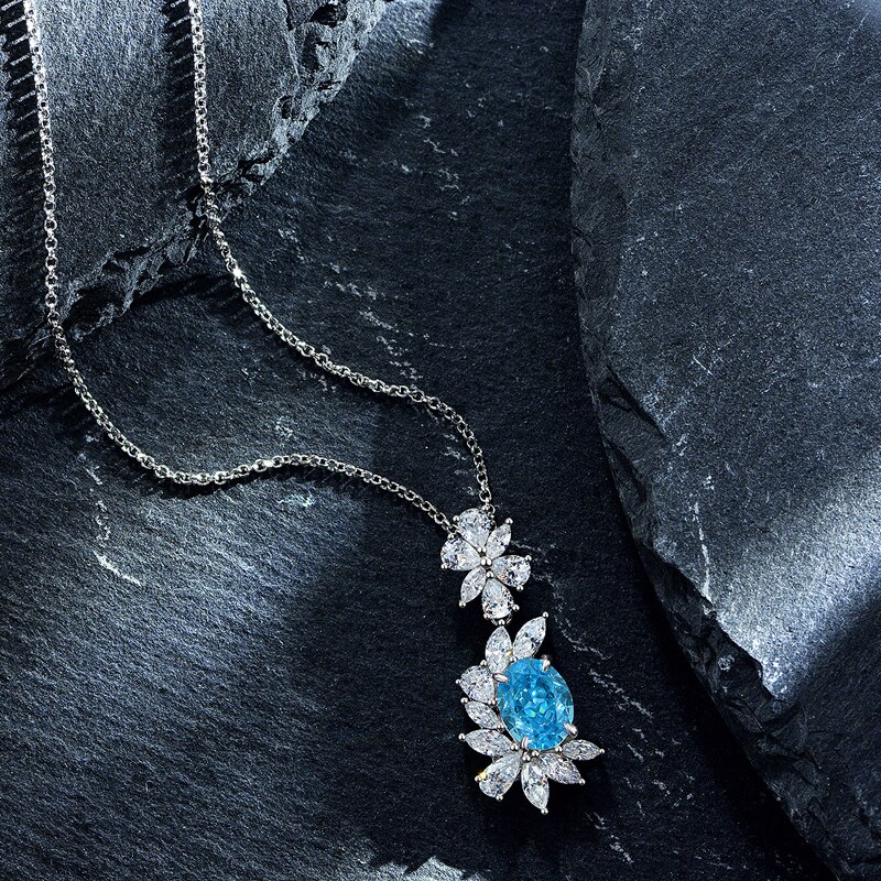 Oevas 100% 925 Sterling silber 7*9mm orangefarbene diamanten mit hohem kohlenstoffgehalt 43cm anhänger halskette für damen funkelnder hochzeitsschmuck: Aquamarin