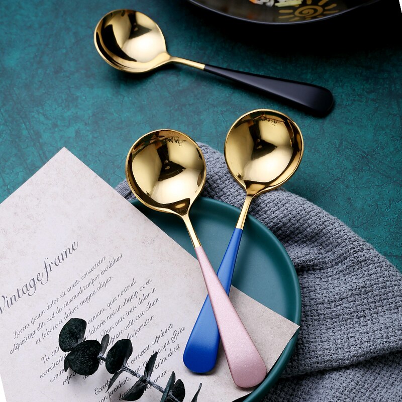 Coffee Spoons Stainless Steel Dessert Spoons Kitchen Utensils Round Spoons 7Colors 1pcs Serving Spoon