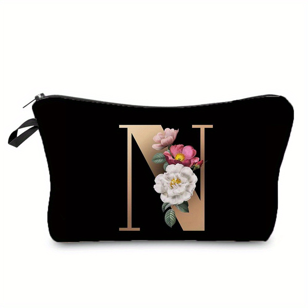 Flower & Letter Print Cosmetic Bag, Zipper Portable Makeup Pouch, Lightweight Coin Purse toiletry bag cajas organizadoras: MULTI
