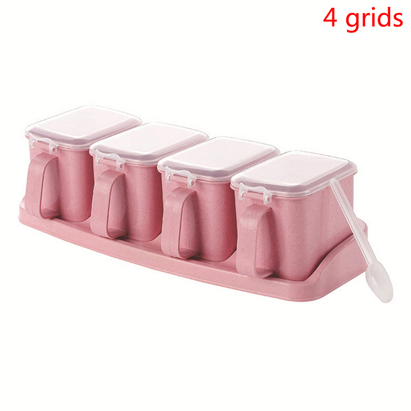 1 Set Salt Spice Jar Seasoning Containers With Spoon Storage Condiment Box: pink 4 grids
