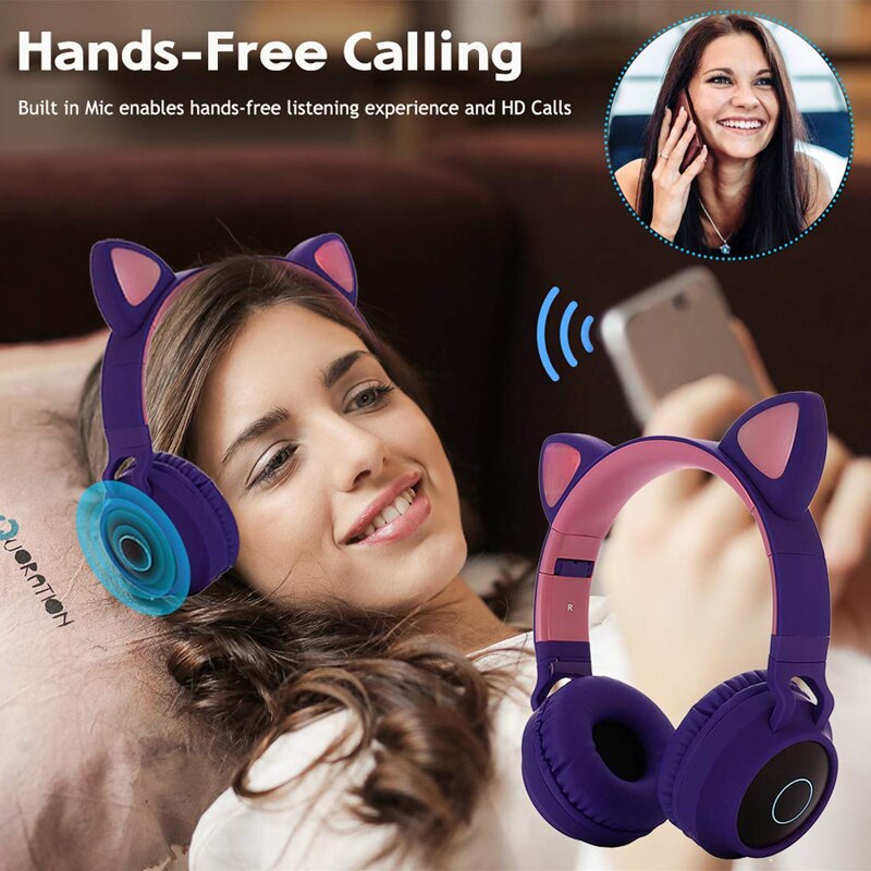 Cuffie Bluetooth a LED con orecchio di gatto cuffie carine, cuffie Bluetooth per bambini per ragazze cuffie vivavoce con luce incandescente cuffie da gioco