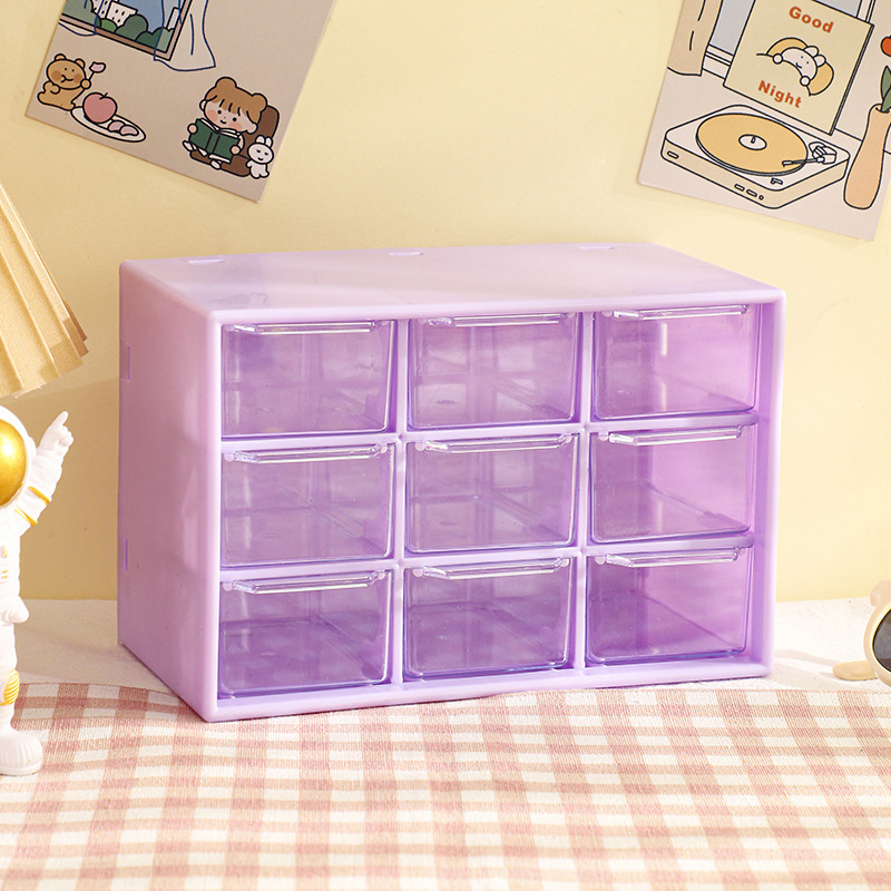 9 Grid Desktop Storage Organizer Boxes Transparent Small Drawer Partitioned Student Desk Wall-mounted Sundries Storage Box: PURPLE