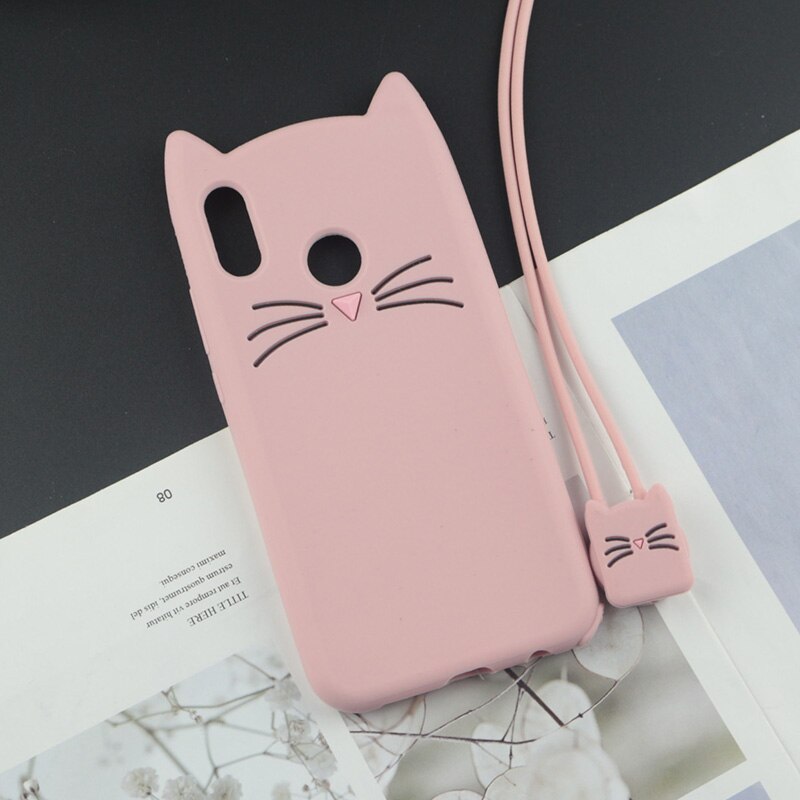 Cute 3D Cartoon Silicon Case for Huawei Honor 10i Cases Japan Glitter Beard Cat Lovely Ears Kitty Phone Cover: HuxuPink With Rope