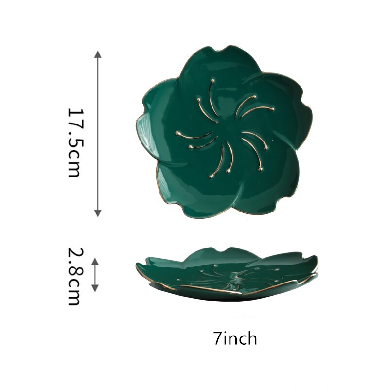 Green Ceramic Tableware Salad Bowl with Gold Edge Flower Shape Plate Chinaware Dim Sum Dishes Steak Western Food Flavor: 7 inch