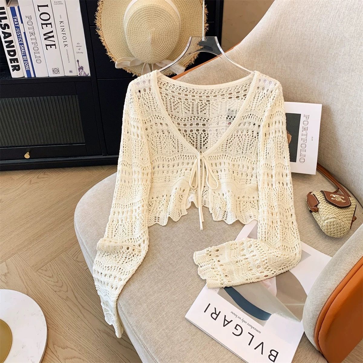 Sommer dünne Strickjacke aushöhlen Haken Langarm Sonnenschutz Schal Langarm kurze Spitzen: L / Beige
