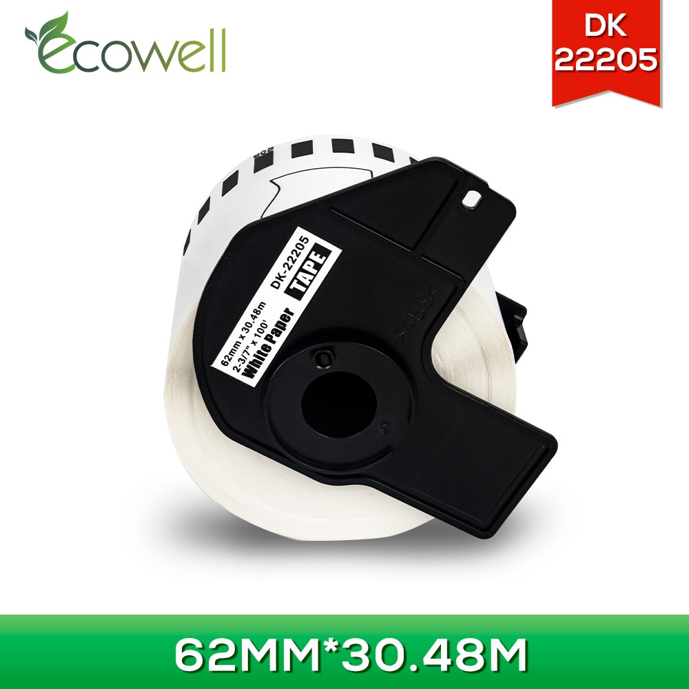Ecowell-Cinta de etiquetas Compatible DK-22205 DK22205, 62mm x 30,48 m, Compatible con Brother QL-710W, QL-1050, QL-1060N, etiquetadoras