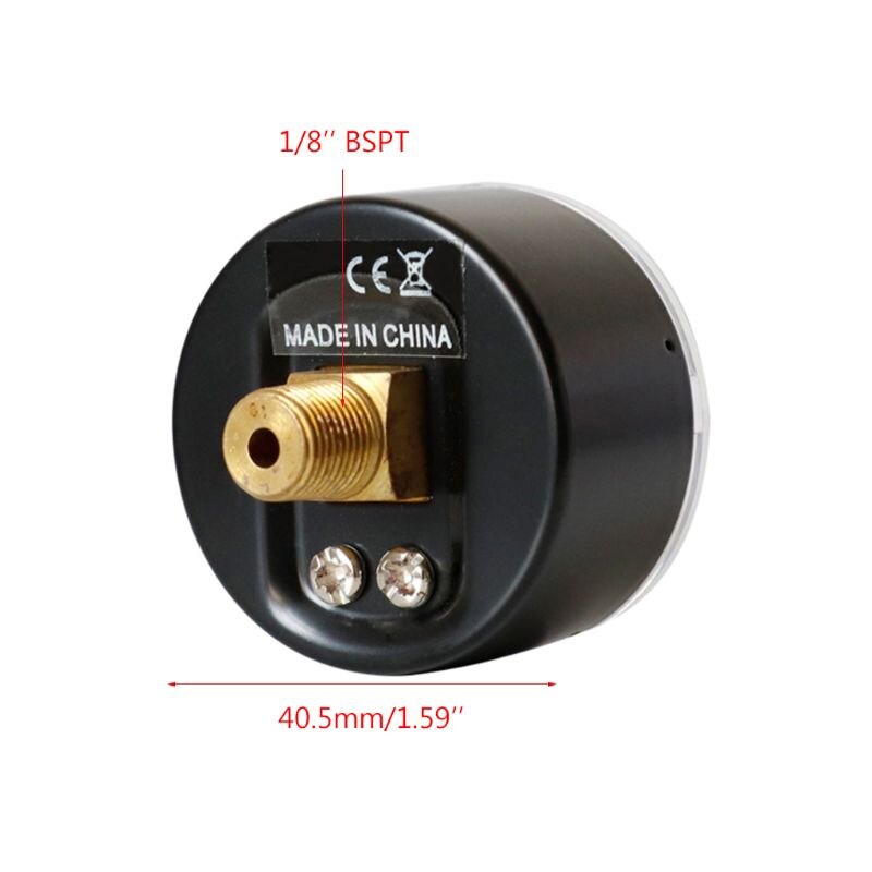 Trykkmåler 40mm 1/8 bspt bakre bak 15,30,60.100,160,300 psi & bar for luft, gass, vann, drivstoff.