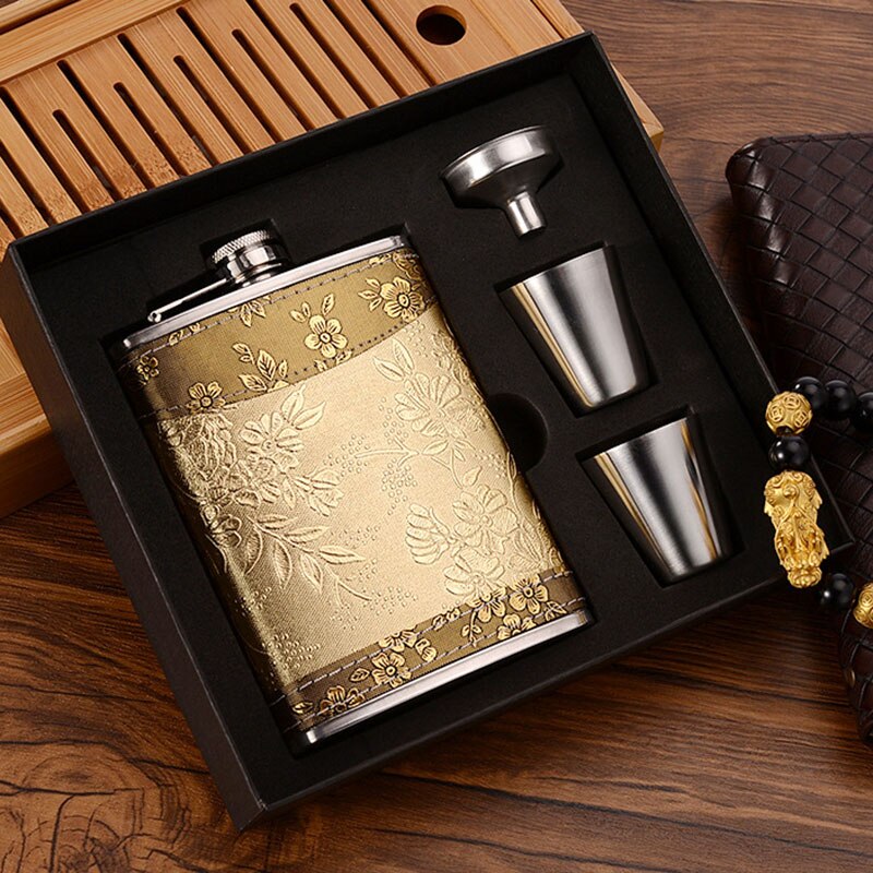 8 oz Stainless Steel Hip Flask set with Funnel 2 Wine Cups Groomsmen Luxury Men set Wisky Bottle for Alcohol Leather Flask