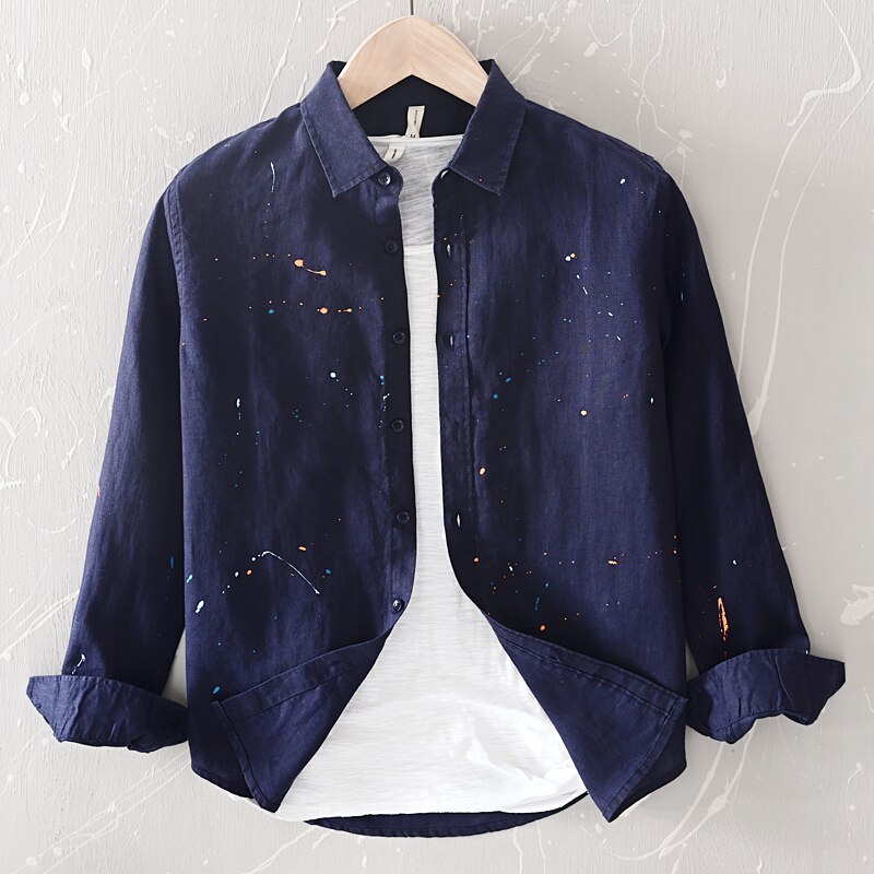 Projektant nowy z długim rękawem Casual 100% koszula lniana mężczyźni marka Trend malowanie kolor wygodny Top odzież koszulka Homme Camisas: Navy Blue / XXXL (Asian size)