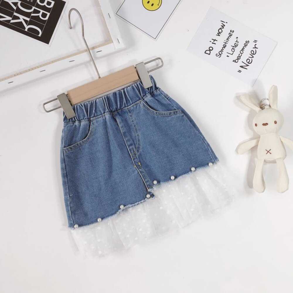 Piger nederdel jeans koreansk baby pige blonder syning jeans nederdel børn denim halvlang nederdel til piger perle nederdel 2-8 år
