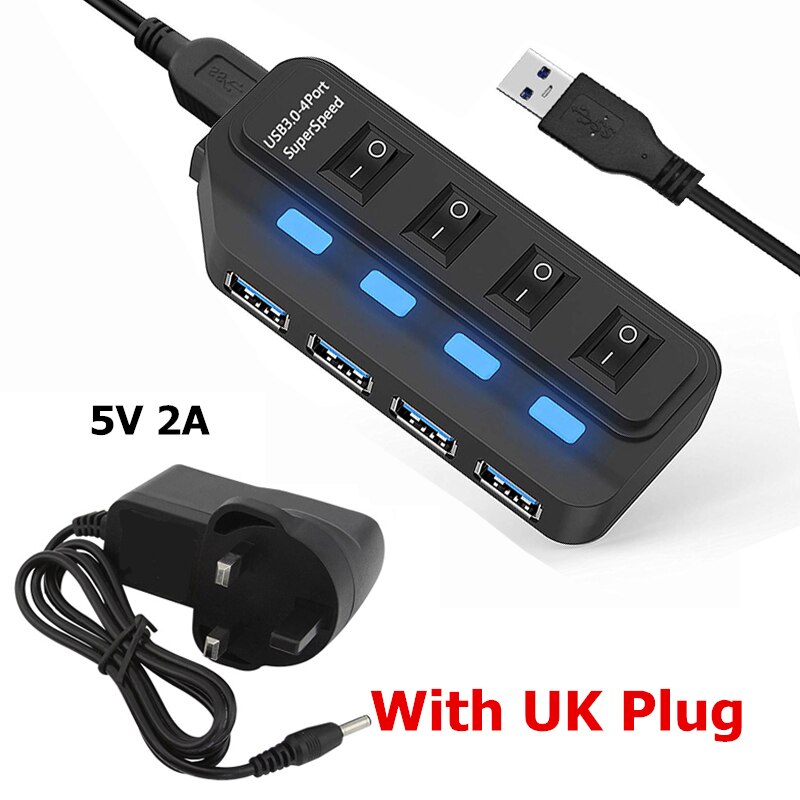 USB 3.0 HUB 4 7 Poort met LED Power Opladen Schakelaar Meerdere USB Splitter High Speed 5 Gbps USB Hab USB-HUB EU VS AU UK Adapter: 4 Ports with UK Plug