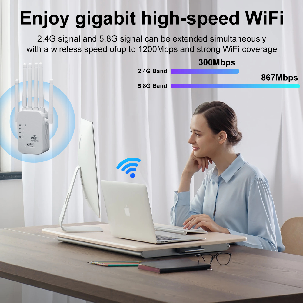 Dwuzakresowy wzmacniacz sygnału WiFi 1200 mb/s bezprzewodowy wzmacniacz sygnału Extender 2.4 GHz/5 GHz wzmacniacz sieci domowej i małego biura