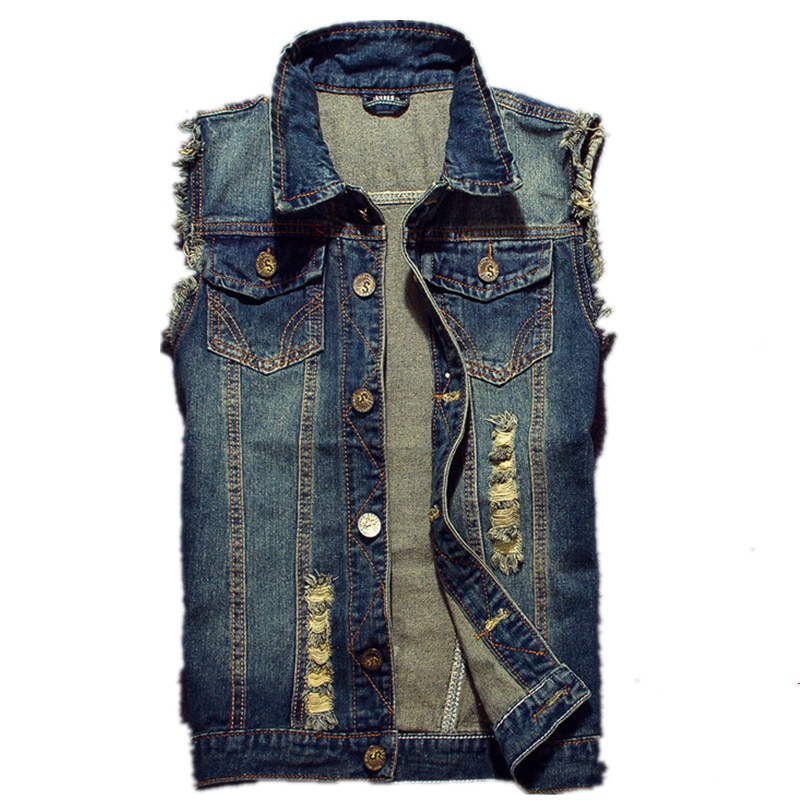 Brand Sleeveless Jacket Male Tank Plus Size Men's Denim Vest Hip Hop Jean Coats Waistcoat Men Cowboy Ripped Jean Jacket 6XL