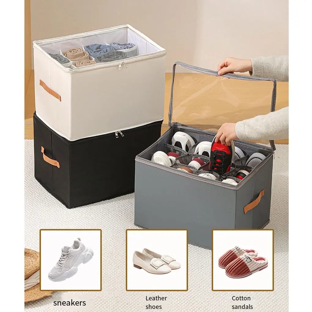 Fabric Shoe Organizer Foldable Shoe Storage Bin with Clear Lid Shoe Storage Box Adjustable Dividers for Sneakers Loafers Sandals