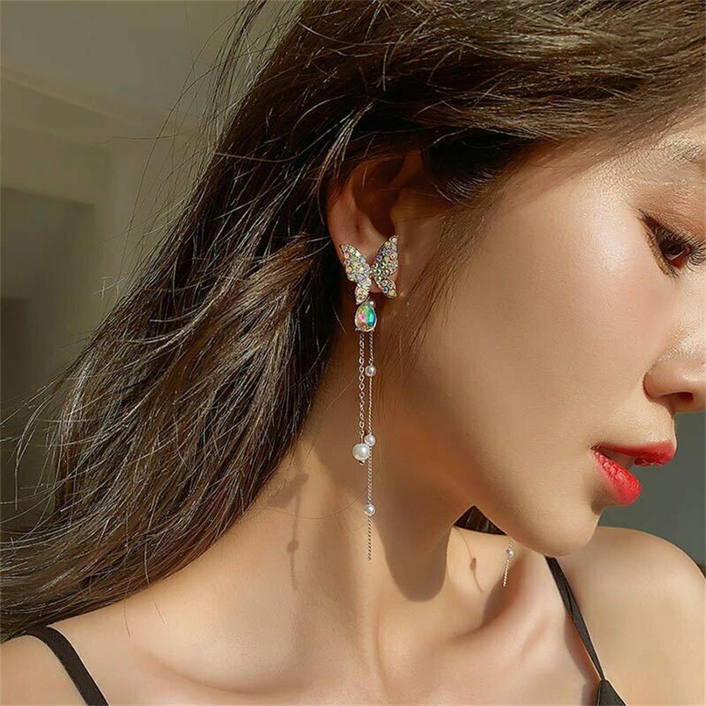 Kristallen Vlinder Oor Manchet Niet Doorboord Insect Dangle Stud Mode-sieraden Helix Kraakbeen Valse Piercing Lange Keten Kwastje Oorb: New silver