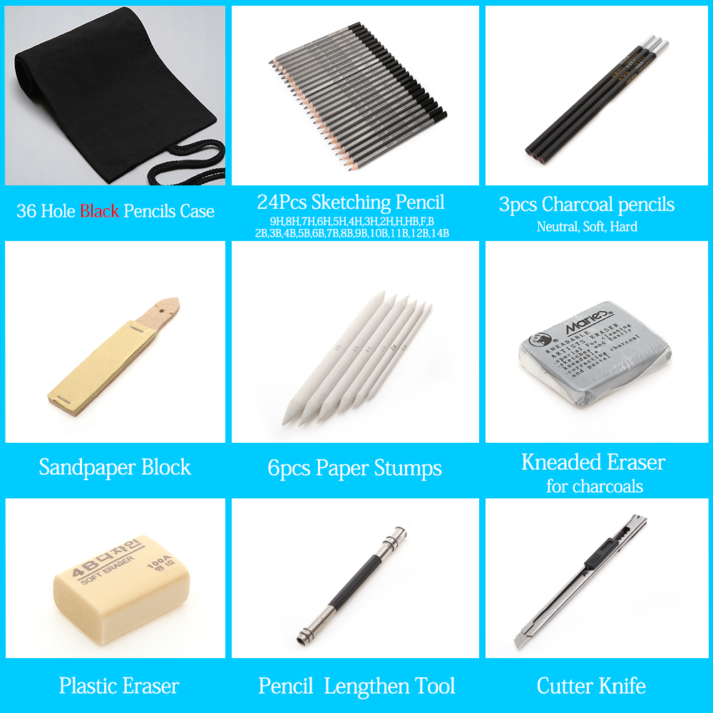 27/39pcs Sketch Pencil Set Sketching Drawing Kit Wood Pencil Pencil Bags For Painter School Students Art Supplies: 36 Black Pencil Set