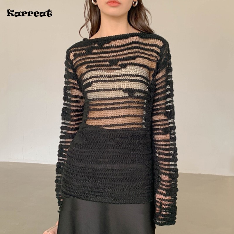 Karrcat gotisk uthulet genser grunge broderi strikket genser mørk estetisk gjennomsiktig genser koreansk streetwear