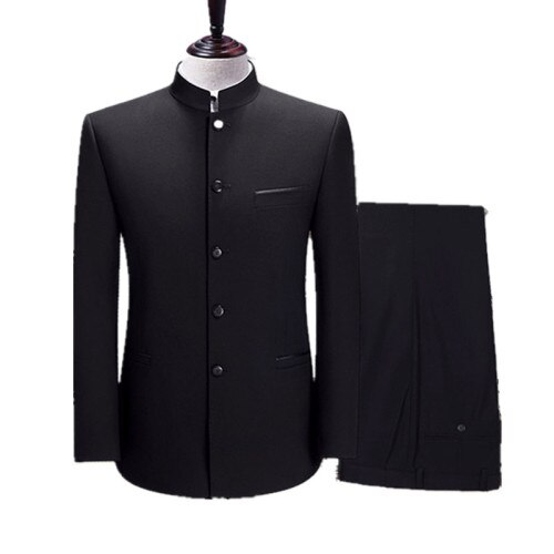 Herrstativ krage i kinesisk stil slim fit tvådelad kostymset / manlig zhong shan kavaj kavaj kappa byxor: Svart / 4xl för 81-85 kg
