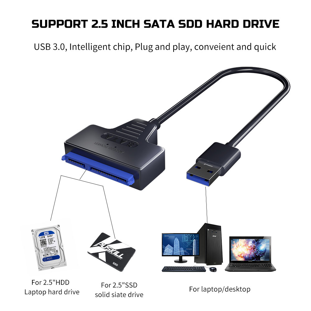 Usb 3.0 til sata/type-c-kabel usb til sata iii-driverkabel støtter 2.5- tommers 6 gbps hdd ssd-harddisk 22-- pinners adapter