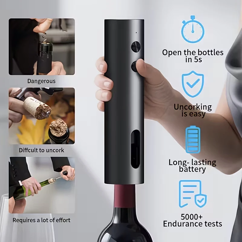 Rechargeable electric wine opener with foil cutter pourer & vacuum stopper compact for home kitchen weddings Christmas